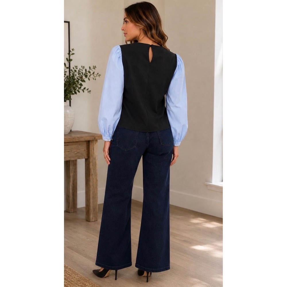 Tuckernuck Womens Mixed Media Puff Sleeve Blouse Black Blue Size M - Picture 2 of 9